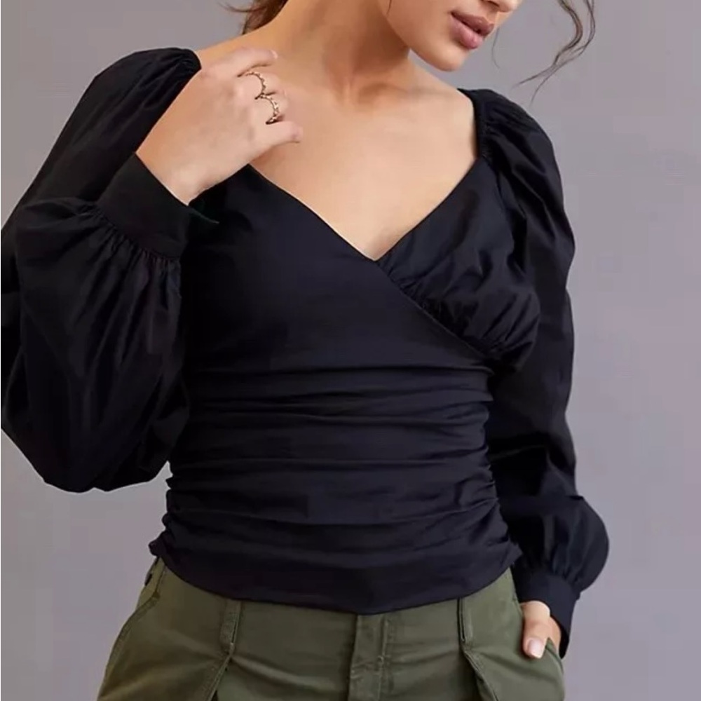 Anthropologie Black Ruched Wrap Blouse with Puff Sleeves